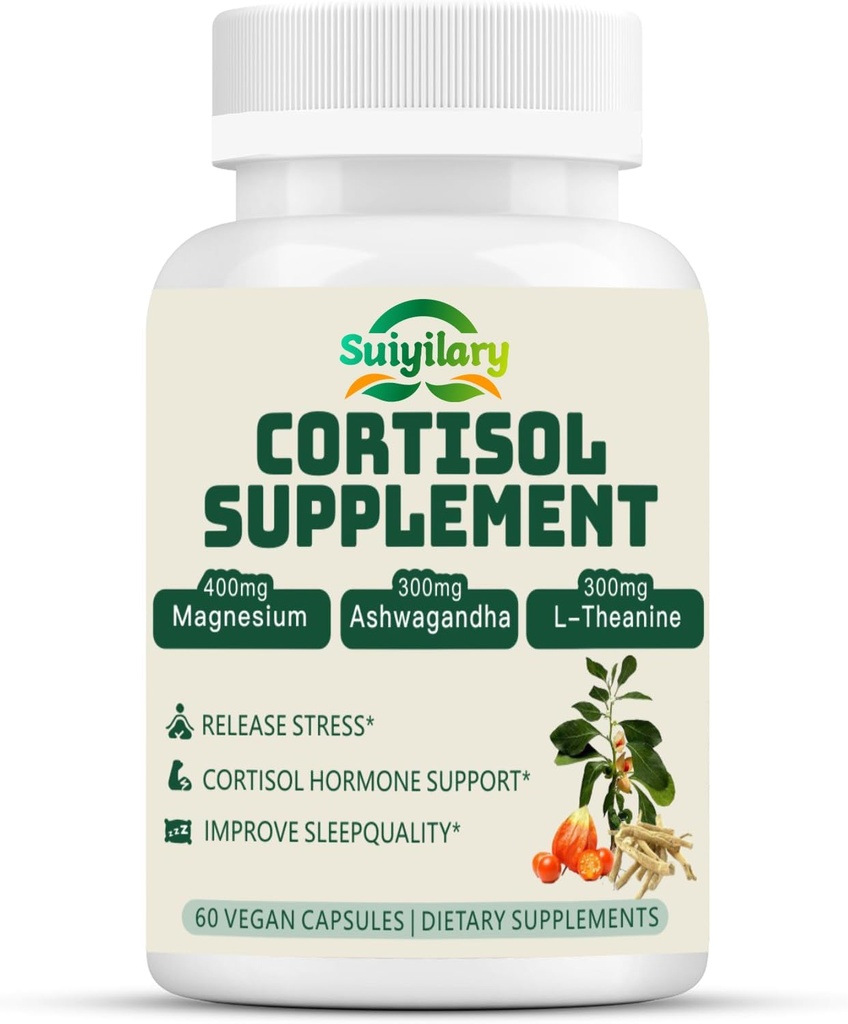 Cortisol Supplement for Women Men, Hormone Balance, Hormonium, Ashwagandha, Rhodiola, L-Theanine, Vitamín B6 & B12, Mood, Focus, Sleep Support, Vegan 60 Kapsule