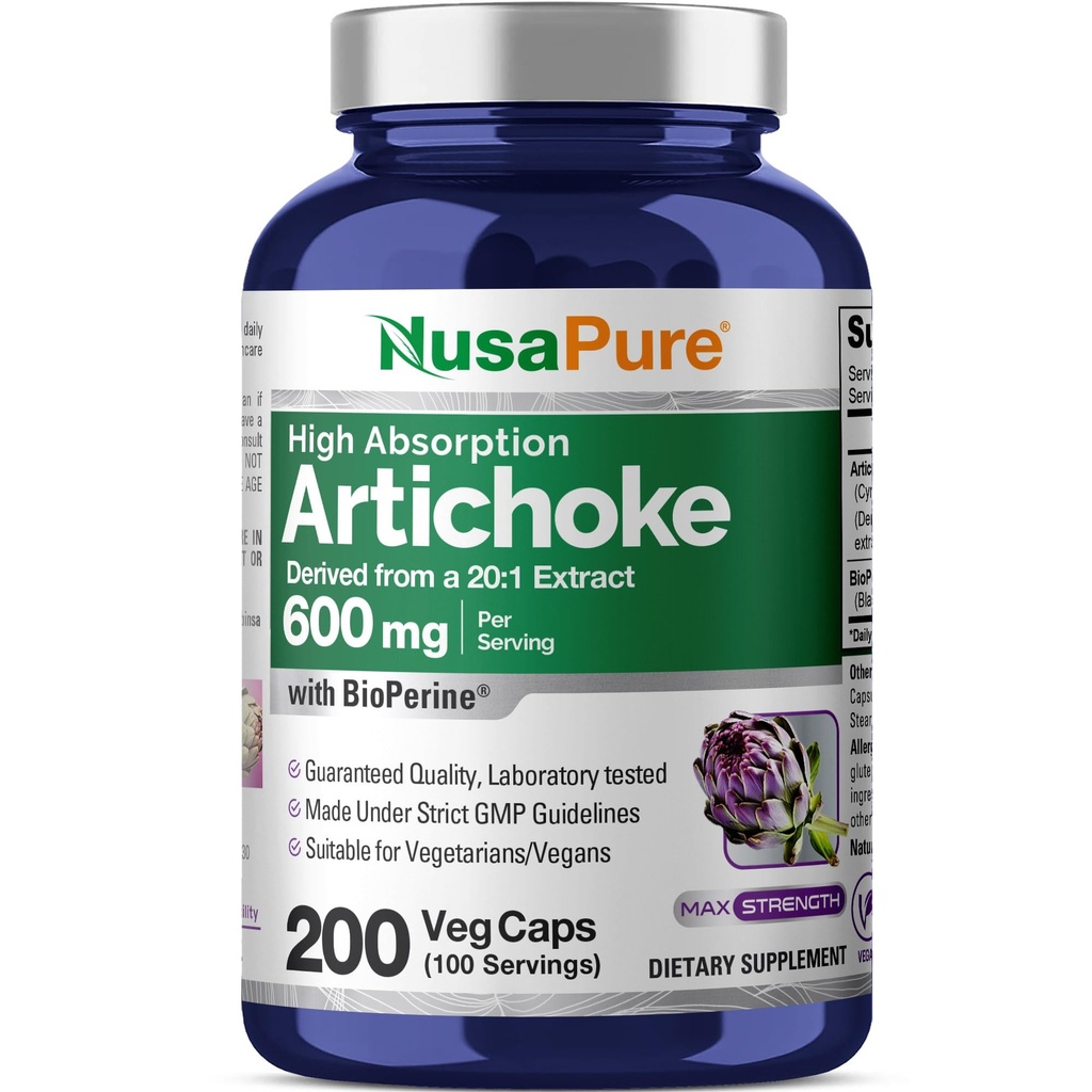 NusaPure Artičoke 20:1 Extract, 600 mg Ekvivalent s 12 000mg 200 Veggie caps (non-GMO, Gluten Free)
