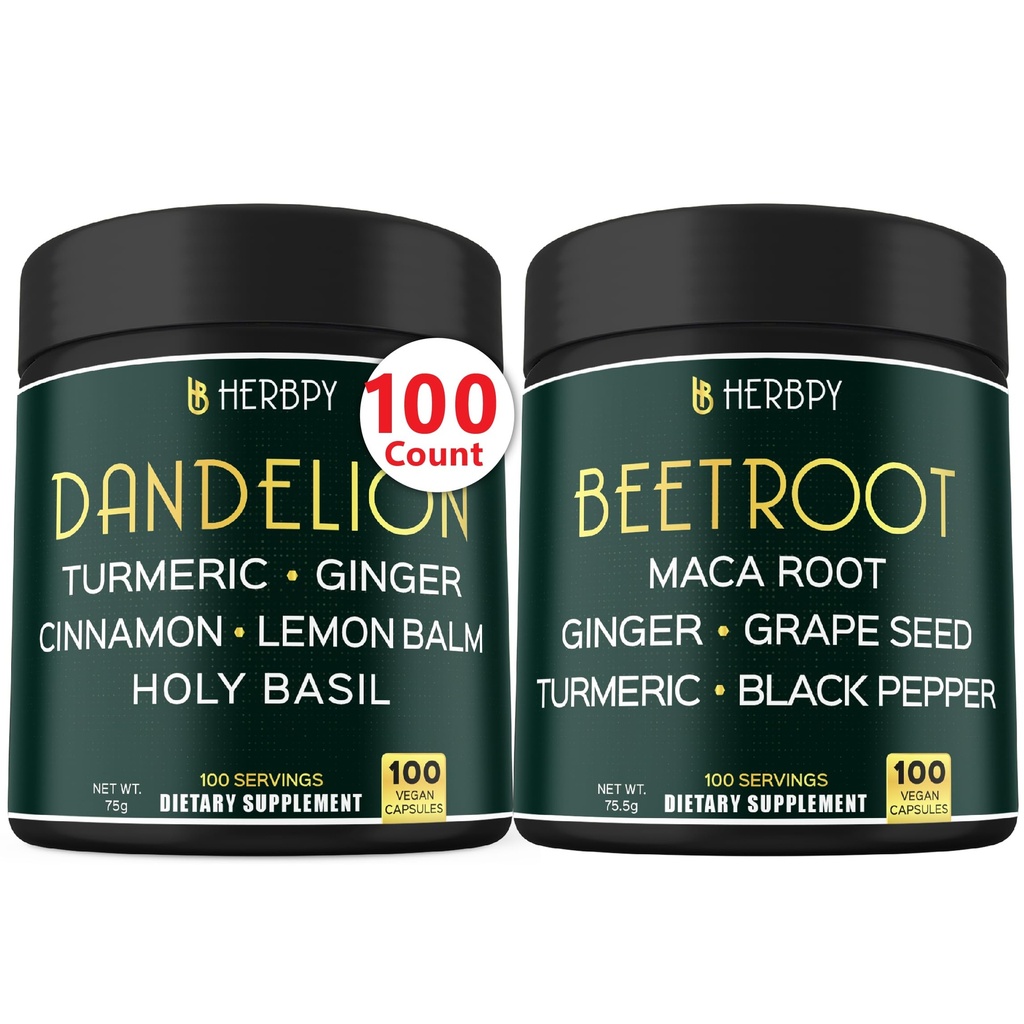 Herbpy Bundle 6in1 Dandelion Root Supplement 750mg/serving (100 Capsules) & 6in1 Beet Root Capsules 755mg/serving (100 Capsules)