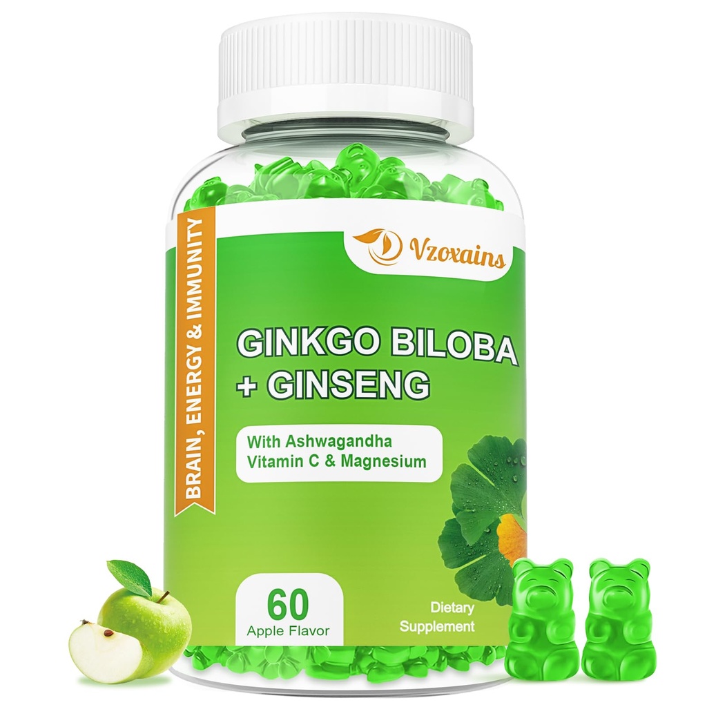 240MG Ginkgo Biloba Gummy s ženšenom a horčíkom, Ginko Biloba Doplnky Gummy pre zaostrenie mozgu, nálada a pamäť pre dospelých, 60 Cts