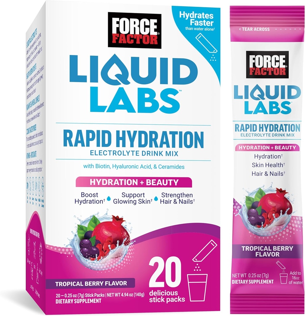 Force Factor Liquid Labs Beauty, Hydratácia paket pre silnejšie vlasy, koža a nechty. Elektrolyty v prášku s kyselinou hyalurónovou, biotínom a ceramidmi. Tropical Berry Flavor, 20 Stick Balíčky
