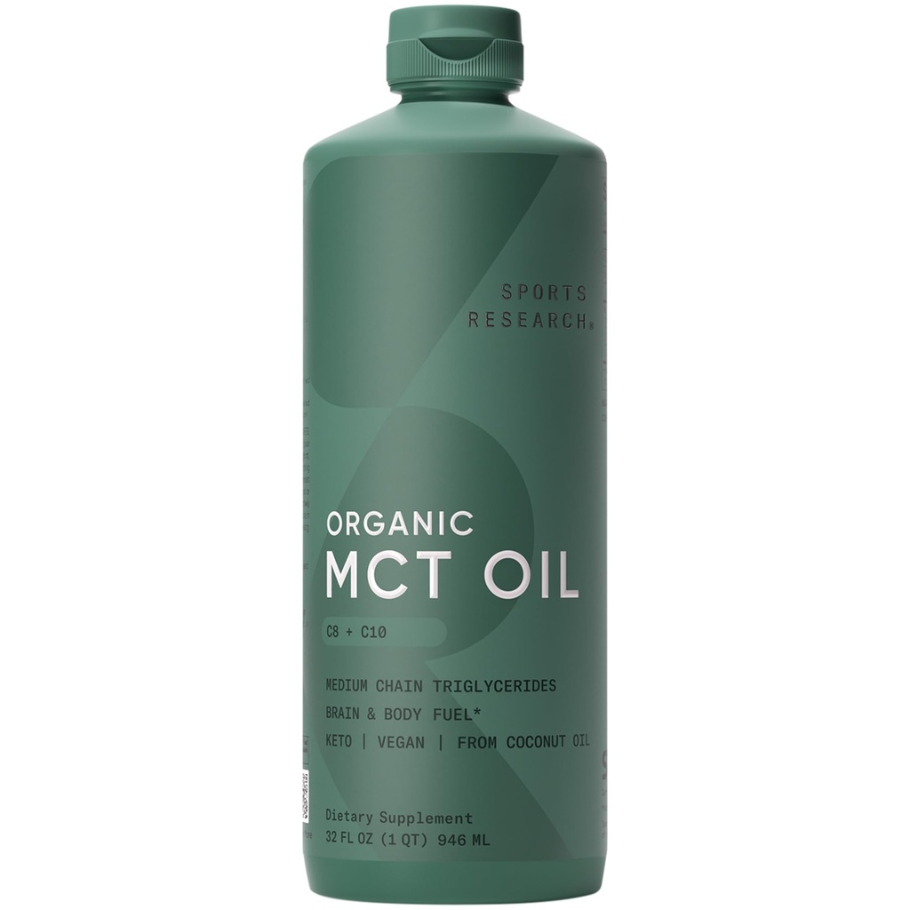 Športový výskum Organic MCT Olej - Keto & Vegan MCTs C8, C10 z kokosových orechov - mastné kyseliny mozgové a telesné palivo, non-GMO & Gluten Free - Ochutený olej, ideálny v káve, čaj a bielkoviny Shakes - 32 oz