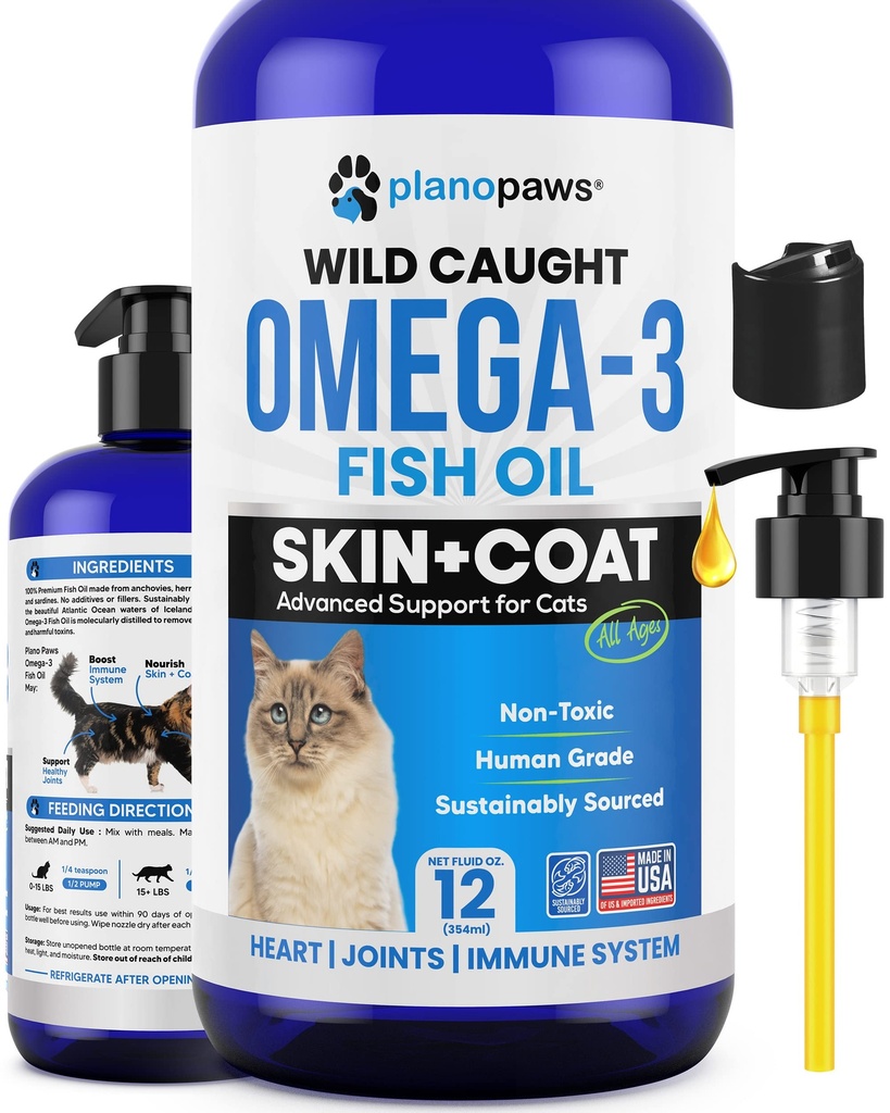 Omega 3 Rybí olej pre mačky - Lepšie ako lososový olej - Kitten a Cat Vitamíny a doplnky - Cat Liečba lupín - Tekutý rybí olej pre domáce zvieratá - Shedding Support - Mačka Zdravie Zásoby pre všetky vekové kategórie