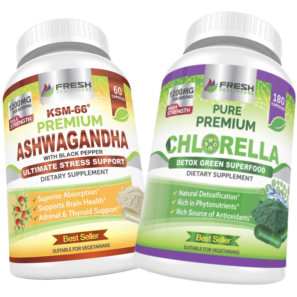 ČERSTVÉ ZDRAVOTNÍCTVO Ashwagandha KSM 66 a Chlorella Detox Superfood - Bundle
