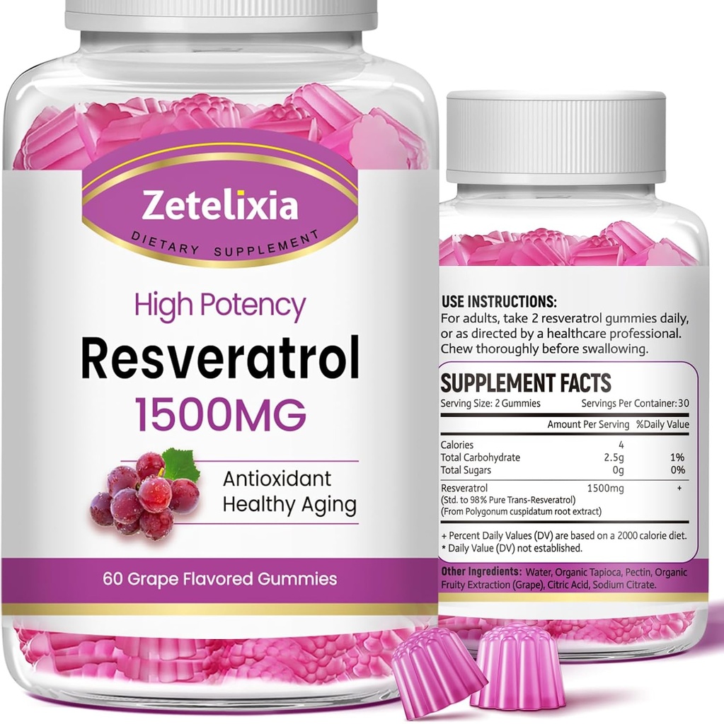 Bezukrový rezveratrol Gummy - Vysoká čistota Resveratrol Supplement for Antioxidant, Zdravé starnutie, koža, mozog, Organic - 120 Gummies