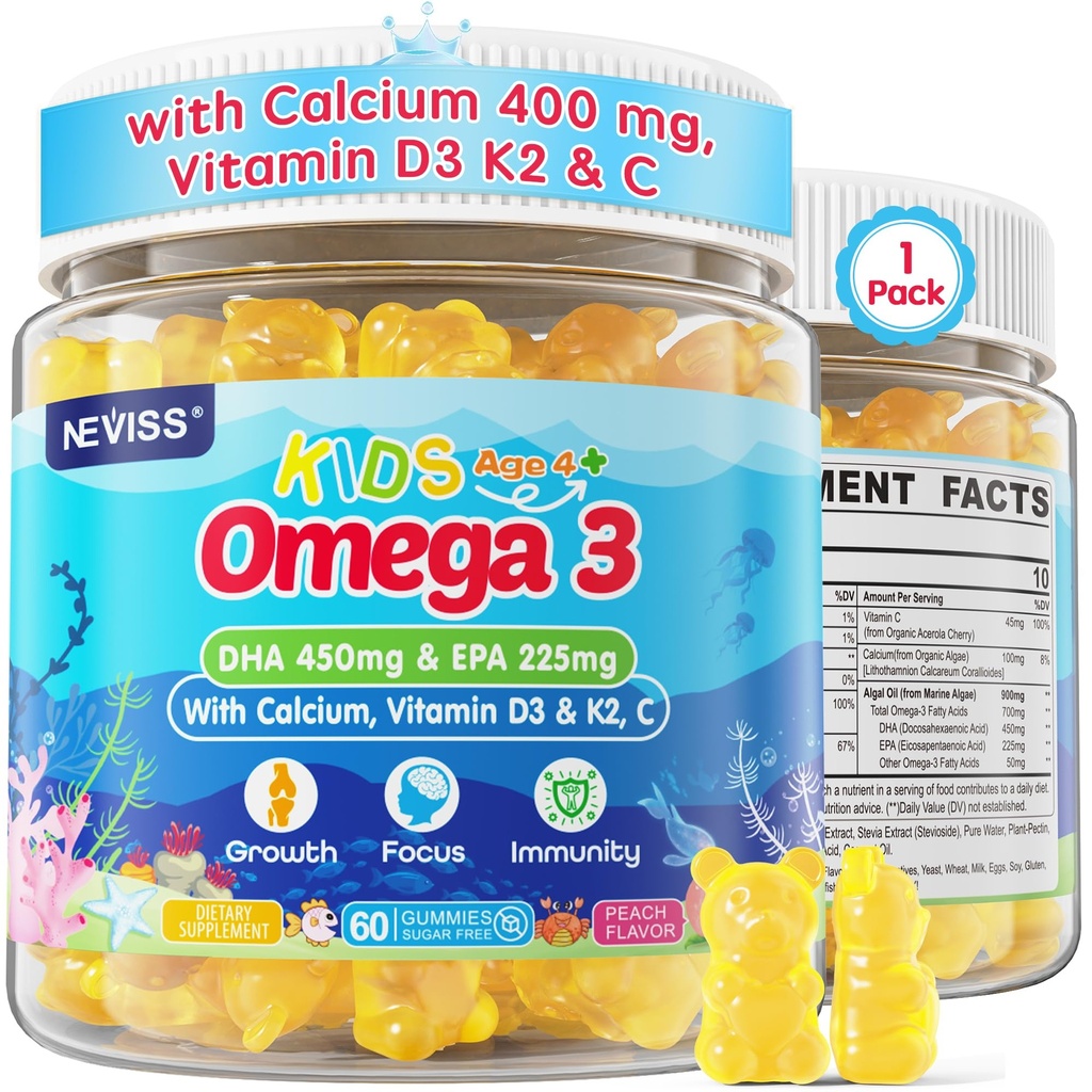 Deti Omega 3 Gummy + Vápnik 400mg + Vitamín D3 K2 + C, Omega-3 DHA & EPA Supplement - Žiadne ryby Burps, žiadny cukor - Deti & Teens Om