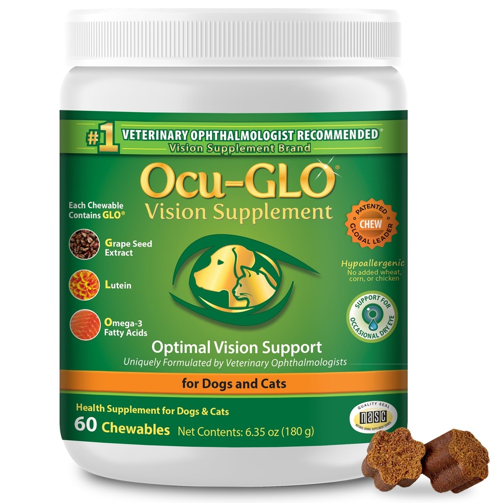 Ocu-GLO Cat & Pes Senior Supplement for Eye Suplements for Chewable Vision Vitamíny Doplnky pre veľké a malé domáce zvieratá starostlivosť o lutein, Omega-3 mastné kyseliny, extrakt z hroznových semien a antioxidanty