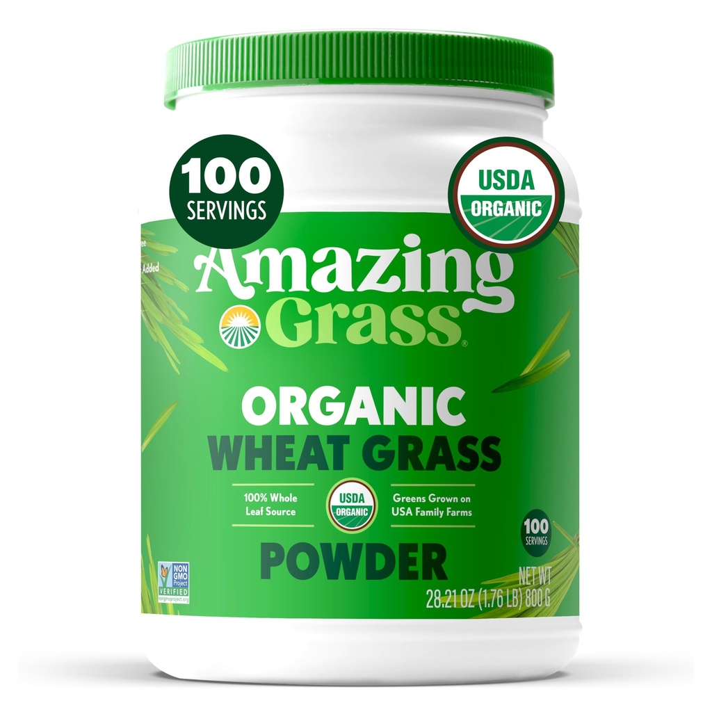 Amazing Grass Wheat Grass Powder: 100% celozrnný pšeničný prášok na trávu pre energiu, Detox & Imunity Support, Chlorofyl Providing Greens, 100 Servings