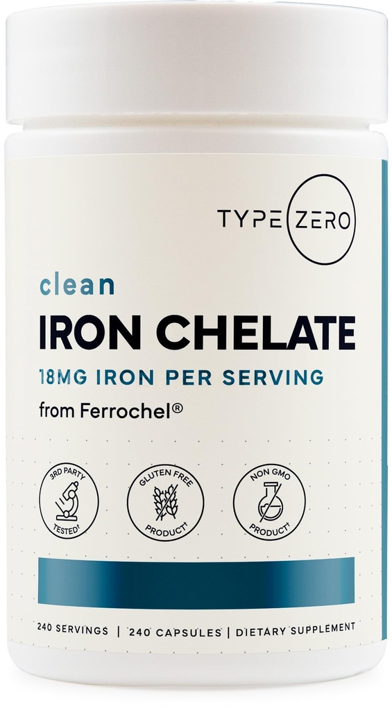 Typ Zero Železo Chelát Kapsule (18 MG, 240 CAPS) z Ferrochel Ferrous Bisglycinát Chelát - Non-GMO a bez lepidla
