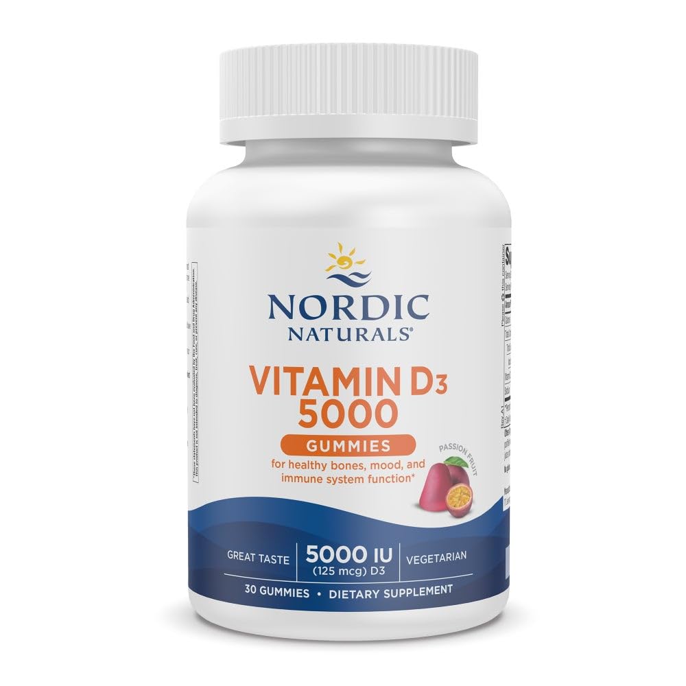 Nordic Naturals Vitamín D3 5000 Gummy, mučenka ovocie - 30 Gumies - Podpora pre zdravé kosti, nálada, & Imunitný systém - Vegetariánska - Non-GMO - 30 Slúži