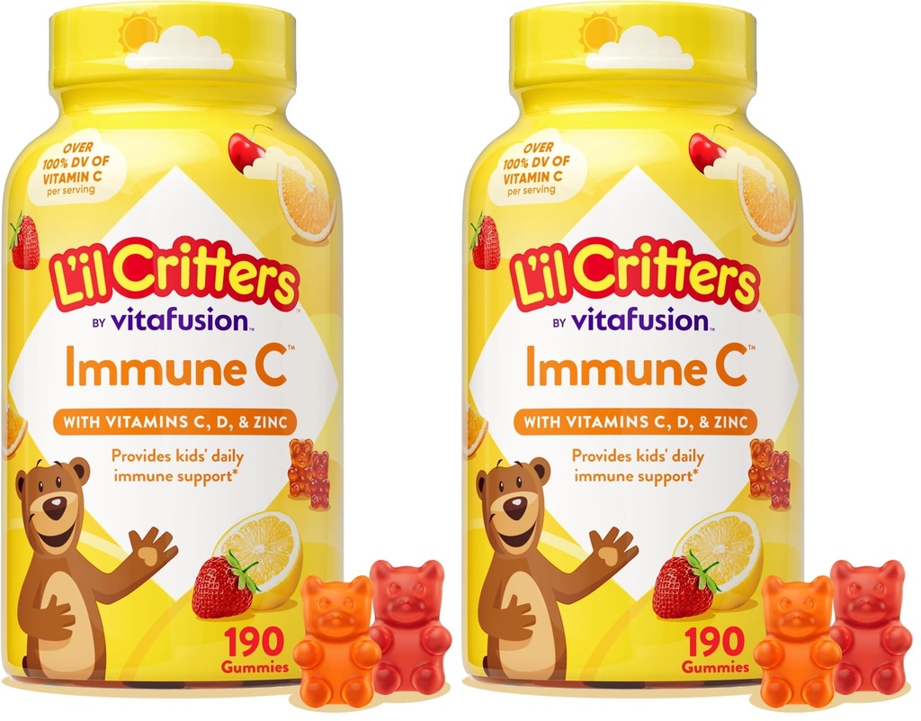 Lichl Critters Immune C Daily Gummy Supplement Vitamín pre deti, pre vitamín C, D a zinok pre imunitnú podporu, Oranžové, citrónové a višňové príchute, 190 Gumies (Súprava 2)