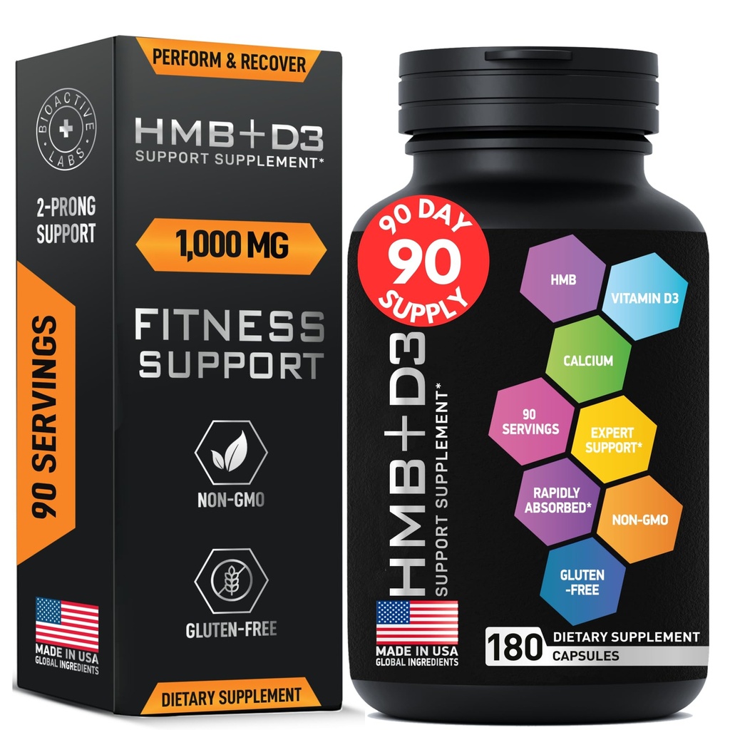 HMB Doplnky s vitamínom D3 - 1000 mg kalcium Beta-hydroxy Beta-metylbutyrátu na porciu pre svalový rast, silu a regeneráciu - 180 bezlepkových, non-GMO HMB kapsúl, 3-mesačná dodávka