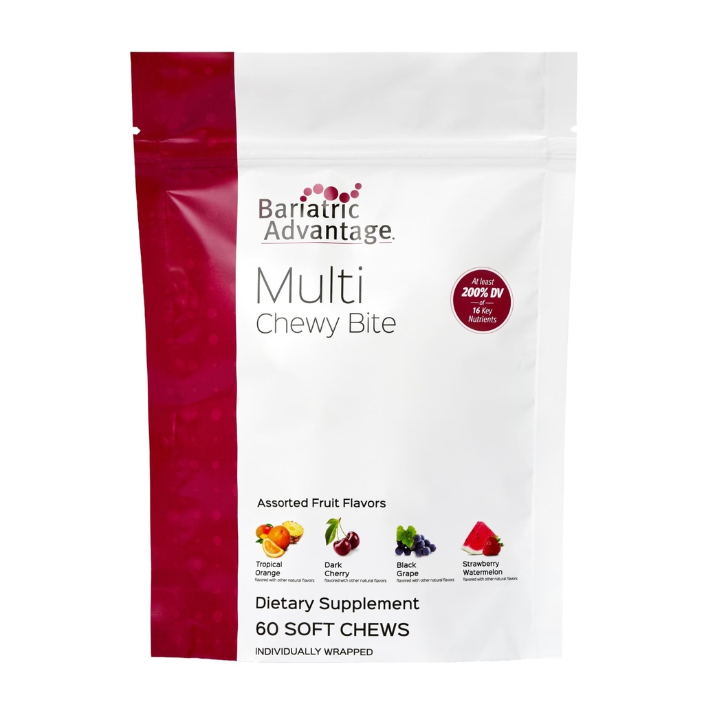 Bariatrická výhoda Multi Chewy Bite - Mäkký chew Multivitamín pre Bariatrické chirurgia Pacienti - Žuvateľný Multivitamín s kyselinou listovou, vitamín D3 a viac - Rôzne ovocné príchute - 60 Počet