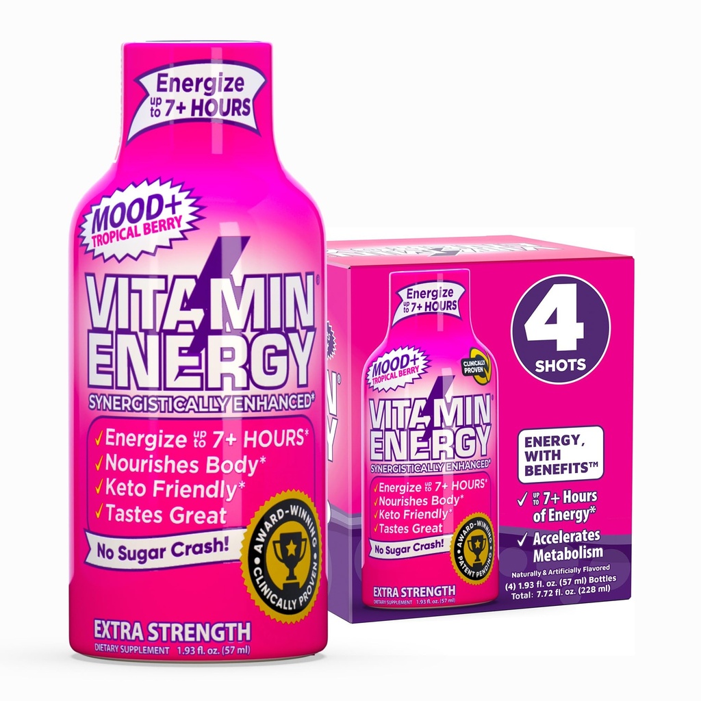 Vitamínová energia Mood+ Extra sila Energia Shot Tropical Berry 4 Balenie, 260mg Prírodný kofeín, B-vitamíny, Rhodiola, Kamilka, Mood & Energy Support, Zero Sugar, Gluten-Free, Vegan, 1,93 fl oz