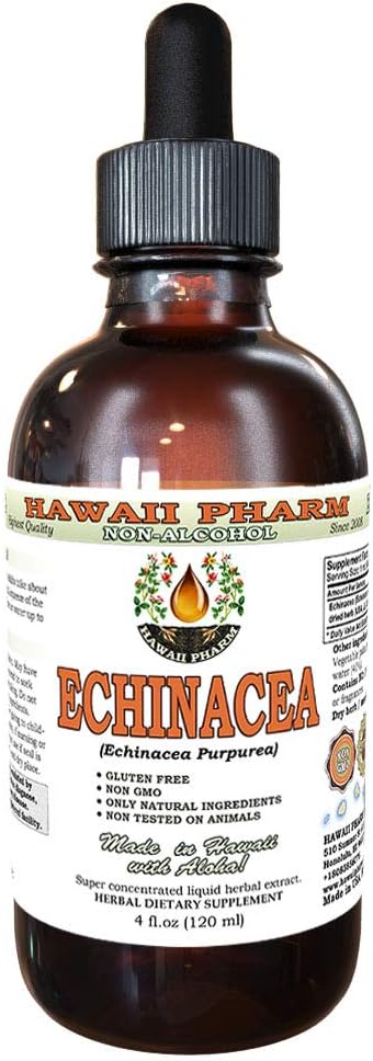 Echinacea Liquid Extract bez obsahu alkoholu, Organic Echinacea (Echinacea Purpurea) Sušený Herb Glycerit Hawaii Pharm Natural Herbal Supplement 4 oz