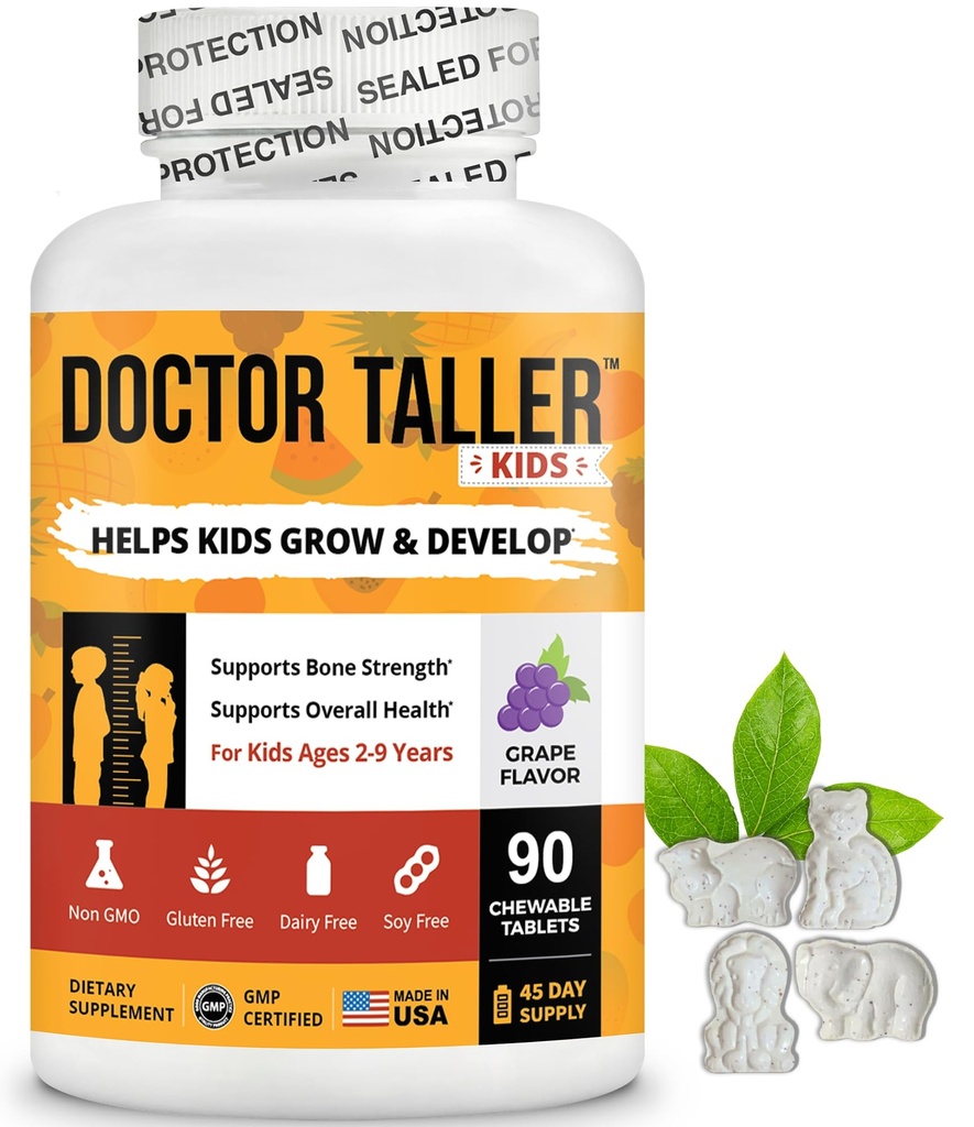 Lekár Taller Deti - Deti Multivitamíny, Batoľa vitamíny - Podpora Kosť sily, Zvýšená odolnosť s vápnikom, Multivitamíny pre vek 2 až 9 - Hroznová aróma - 90 Žuvacie tablety 6 týždňov