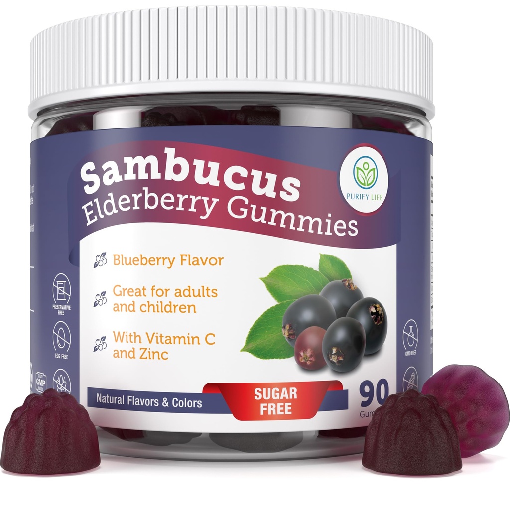 Očistiť život bez cukru bazové Gumičky s vitamínom C a zinok pre dospelých a deti, Imunitná podpora doplnok pre zdravie dýchacích ciest, Sambucus bazové Antioxidant Gumies - Vegan, 90 Count