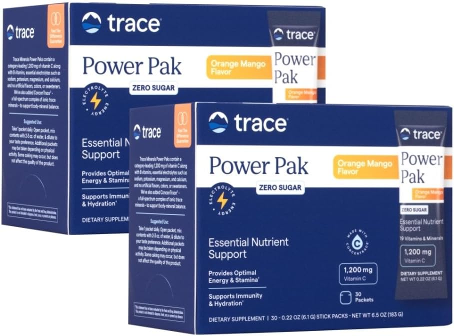 Trace Minerály Power Pak Multivitamínové a multiminerálne balíčky - Elektrolytová podpora - 1200 mg Vitamín C plus 70+ Trace Minerály - Bezcukru - Orange Mango Flavor - 60 paketov
