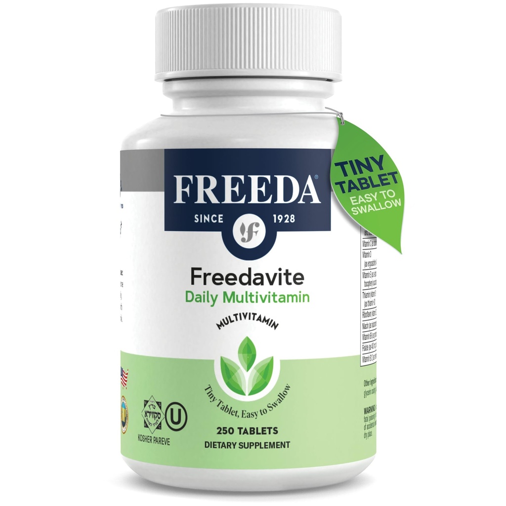 Freedavite Tiny Tableta - Stredne silný multivitamín pre mužov a ženy - čistý vitamín A, C, D, E, B1, B2, B6, B12, biotín, vápnik, zinok, železo, horčík, mangán, meď, selén, jód - 250 g