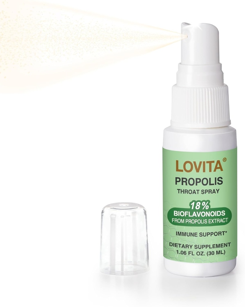 Lovita Bee Propolis Sprej na hrdlo, 18% Bioflavonoidy, bez alkoholu, Imunitná podpora, Ukľudnenie hrdla, Antioxidant, Jemná chuť, 1 Fl Oz (Pack of 1)