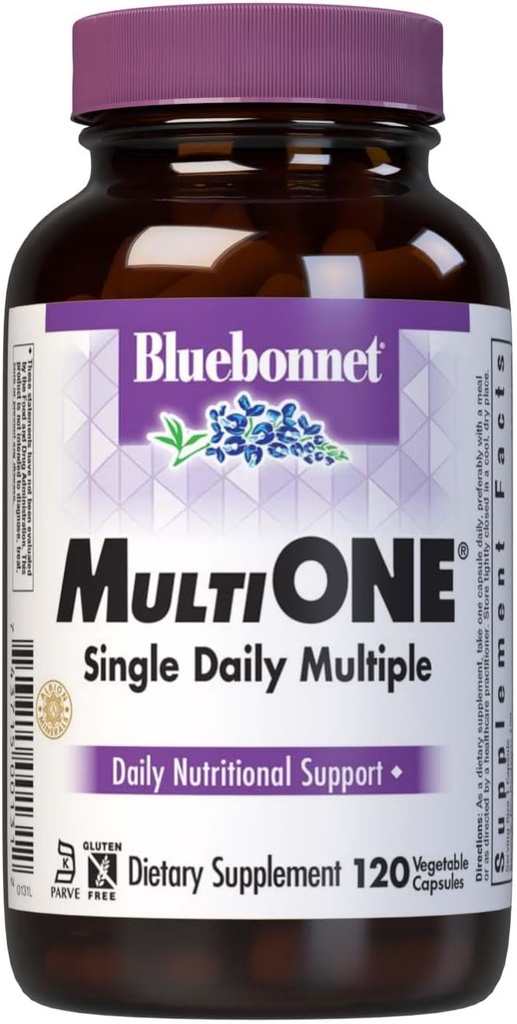 Bluebonnet Nutrition Multi One (With Iron) Rastlinné kapsule, Kompletné Full Spectrum Viac vitamínové doplnky, B Vitamíny, Gluten & Milk bez, kóšer, 4 mesiace dodávky, 120 Počet