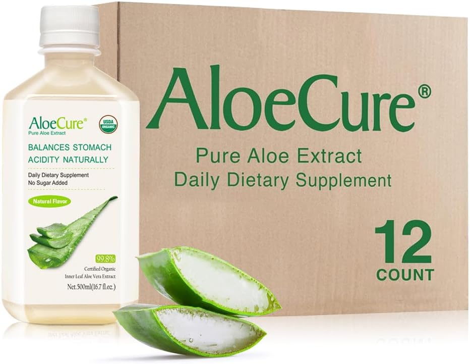 AloeCure USDA Organic Aloe Vera Juice Madein 12 Hrs of Harvest - Pure Aloe Juice Natural Digestive Supplement to Support Digestion, Immune System and Balanced Žalúdočná acidity, 12 x 500ml fľaše