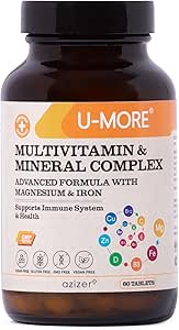 U- MORE multivitamínový a minerálny komplex, vegán, bez cukru, bez lepidla, vápnik, horčík, vitamín A, B1, B2, B5, B6, B12, D3, K, C, železo, zinok, podporuje imunitný systém a celkové zdravie - 60 tabliet