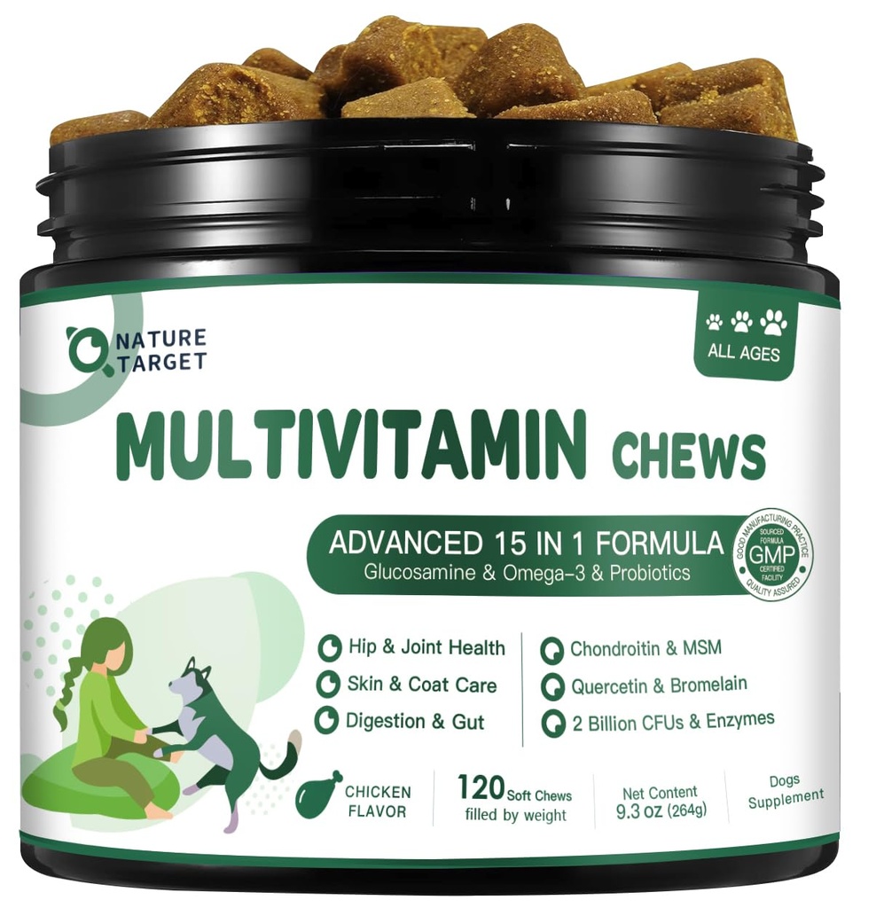 NATURE TARGET Multivitamín pre psy - s MSM & Glukozamín, Omegas 3 & 6, Probiotiká pre trávne zdravie, Spoločná podpora, koža & Coat, Imunitný systém & Celkové zdravie 120 mäkké žuvačky