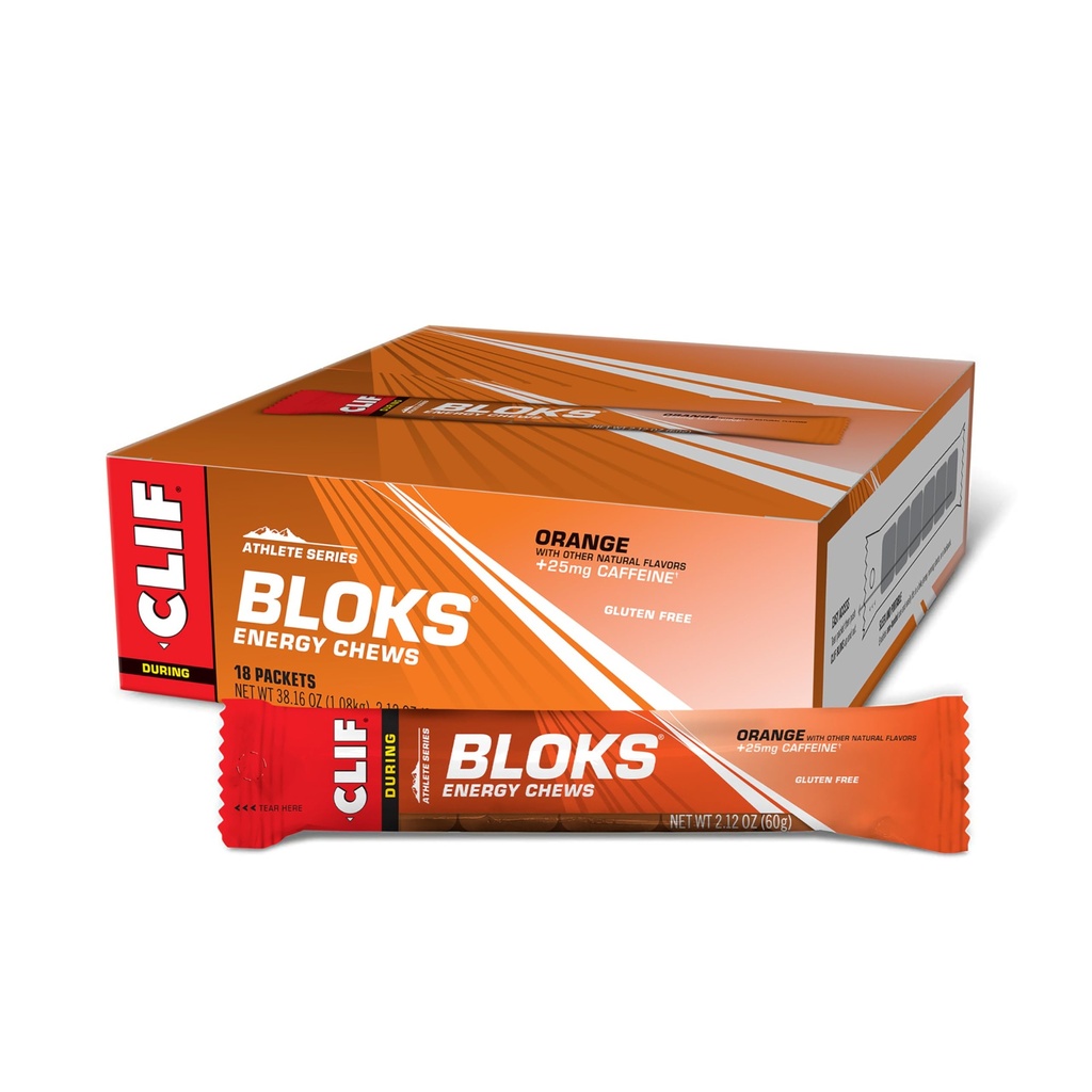 CLIF BLOKY - Orange Flavor with Caffeine - Energy Chews - Non-GMO - Plant Based - Fast Fuel for Cycling and Running - Quick Carbohydrates and Electrolytes - 2.12 oz. (18 Počet)