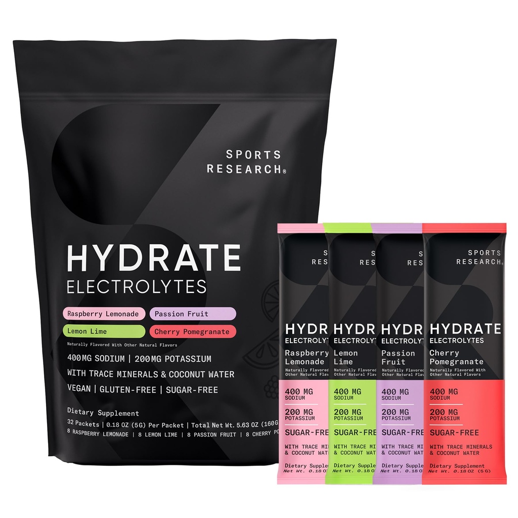 Športový výskum® Hydrate Electrolytes Powder Pakets - bez cukru a prirodzene ochutené vitamínmi, minerálmi a kokosovou vodou - podporuje hydratáciu - 32 paketov - Odrodový balík