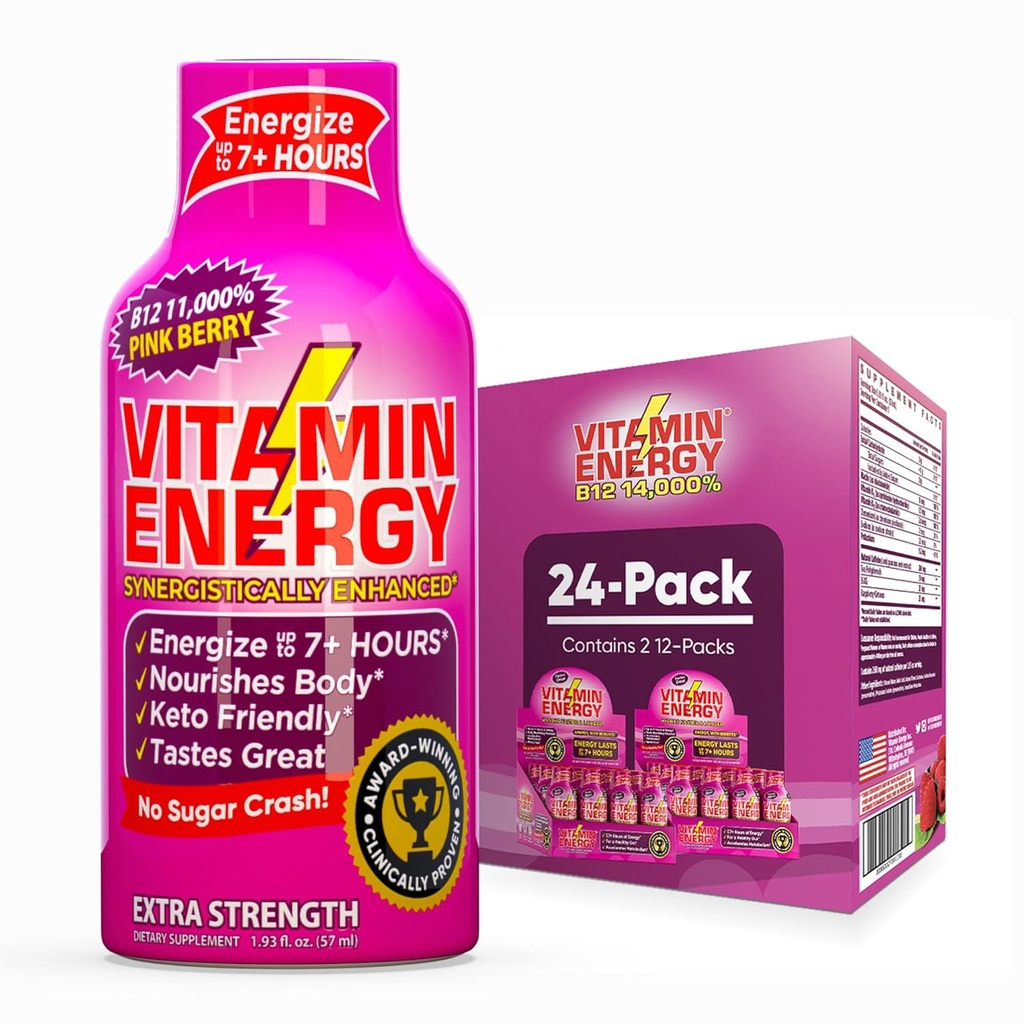 Vitamín Energy B12 11,000% Extra sila Energia Shot Rink Berry 24 Balenie, 260mg Prírodný kofeín, B12 & B6, Nootropný Focus, Vitality, Zero Sugar, Gluten-free, Vegan, Kosher, 1,93 fl oz