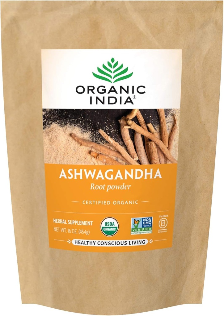 ORGANICKÁ INDIA Ashwagandha Powder Organic - Ashwagandha Root Powder hromadne, bylinné doplnky - Vegan, Gluten-free, Kosher, non-GMO, podporuje zmiernenie stresu, energie, a spánok - 1lb taška
