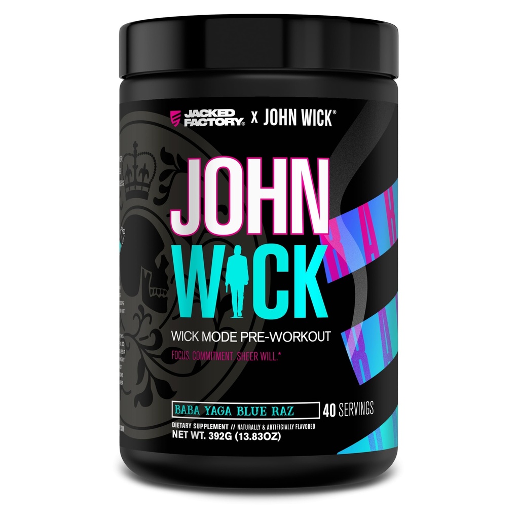Jacked Factory X John Wick - Wick Mode pred tréningom prášok - intenzívna energia, boj-pripraviť zameranie, nezastaviteľný záväzok, a Sheer Will - 40 slúži, Baba Yaga Blue Raz