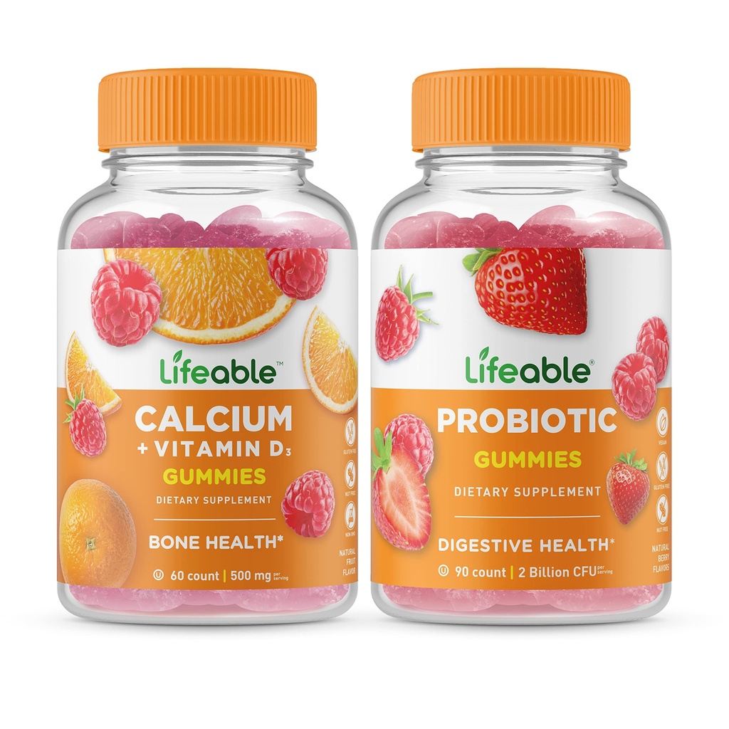 Životaschopný vápnik s vitamínom D + probiotikom 2 miliarda CFU, Gummy Bundle - veľké ochutnávky, vitamínové doplnky, bez lepku, bez GMO, bez žuvačiek