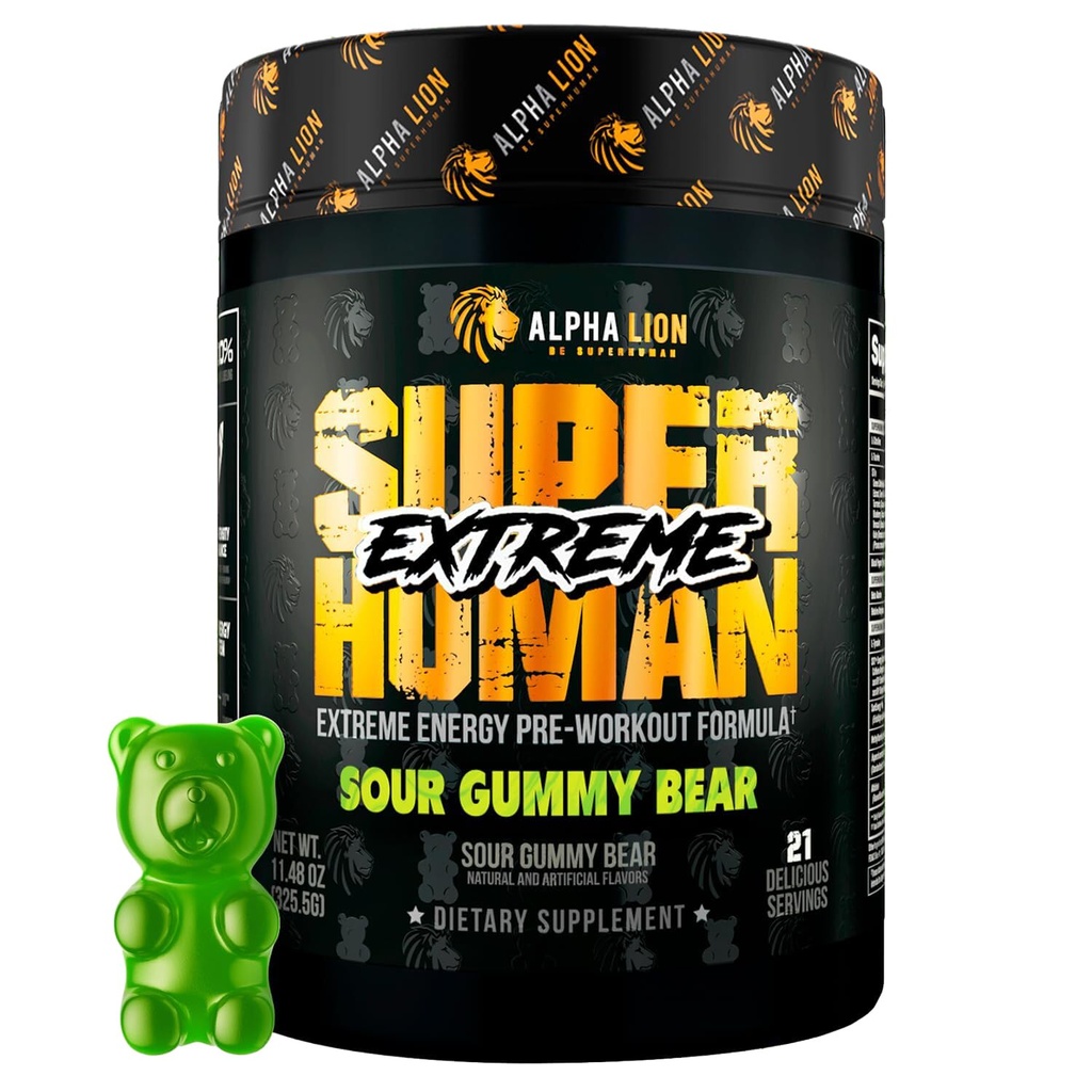 ALPHA LION Superhuman Extreme High Stim Pre Workout Powder, Beta Alanine, L- Taurine & 356mg Tri-Source Caffeine for Sustained Energy, Nitric Oxide & Citruline for Pump (21 Servings, Sour Gummy Bear)