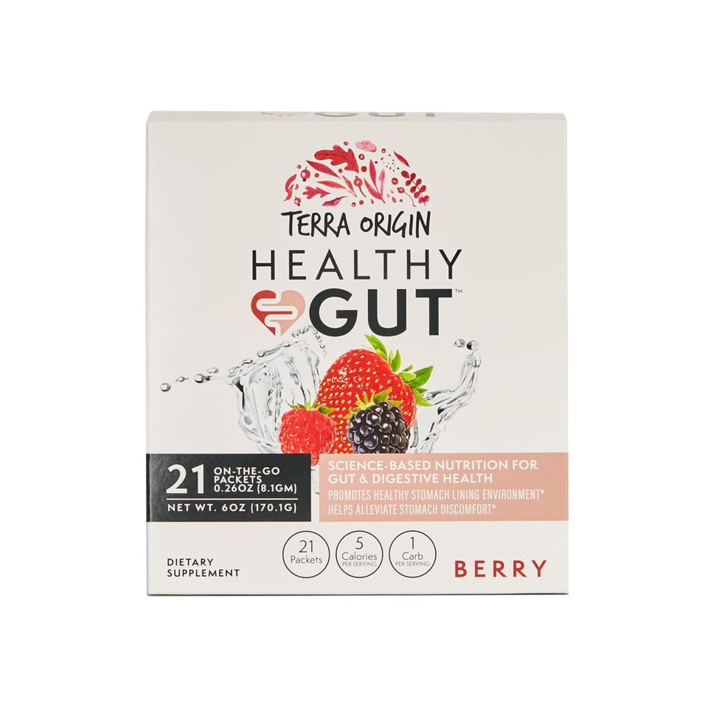 TERRA ORIGIN Healthy Gut Stick Packs, L-Glutamine, Slippery Elm, Aloe Vera, Licorice Root Extract, Gut Health, Digstive Support, Leaky Gut Repair, Immune Function, On-The-Go, 21 Ct, Berry