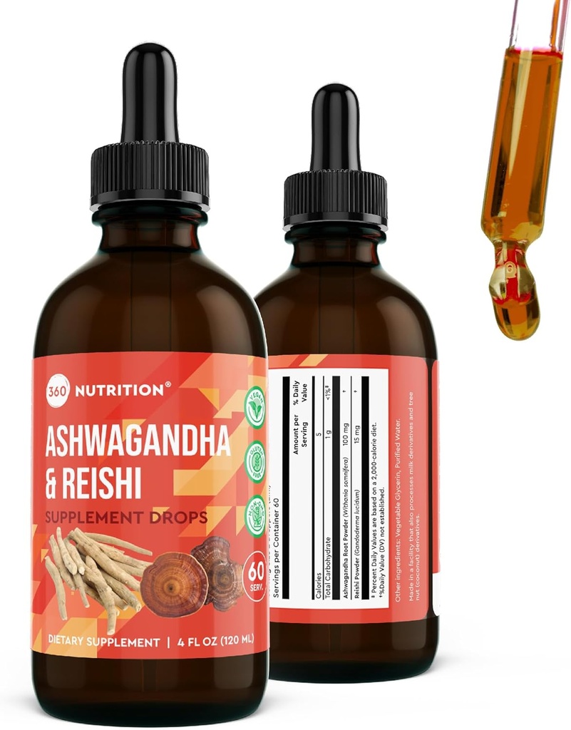 360 Nutrition Ashwagandha & Reishi Root Supplement Drops for Stres Relief, Stamina & Longevity, and Energy Support - Vegan Non-GMO Adaptogenic - 4 fl oz, 60 Servings