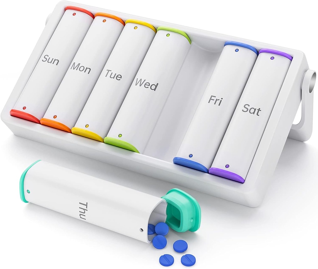 Týždenný pilulky Organizátor 2 Časy denne, KOV NNN veľké cestovné pilulky box 7 deň, Am Pm dvakrát denne pilulky Prípad s rotačnou rukoväťou, Pill Holder Kontajner pre vitamín, Medicína, Supplement, Rybí olej, biela