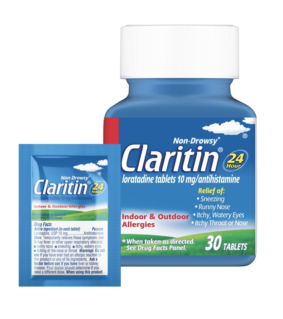 Clarititin Alergická medicína pre dospelých, 24-hodinová Non-Drowsy Loratadine 10mg Tablety, Antihistaminika, 30 tabliet + 1ct On-The-Go Relief
