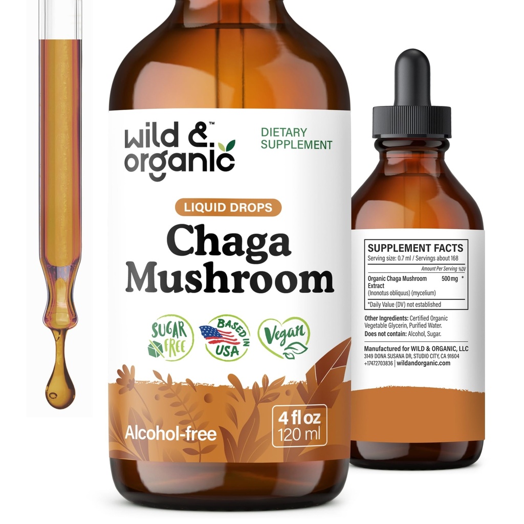 Wild & Organic Chaga Mushroom Drops - Imunitná podpora s extraktom Chaga - Liquid Mushroom Supplement for Imunity - Vegan, Cukor a alkohol-free Tinture - 4 fl oz