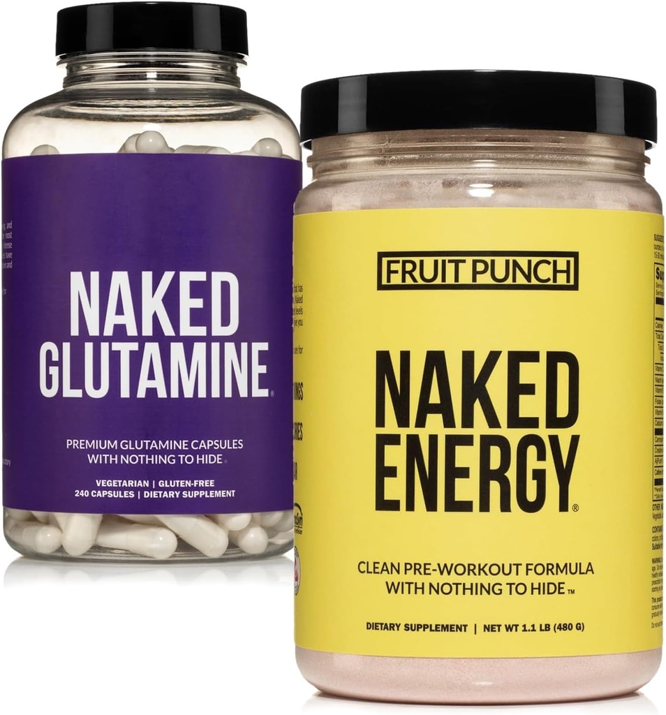 NAKED Vegan Energizujúca svalová obnova Bundle Fruit Punch Energy a 240 L-Glutamine Kapsule, 1000mg