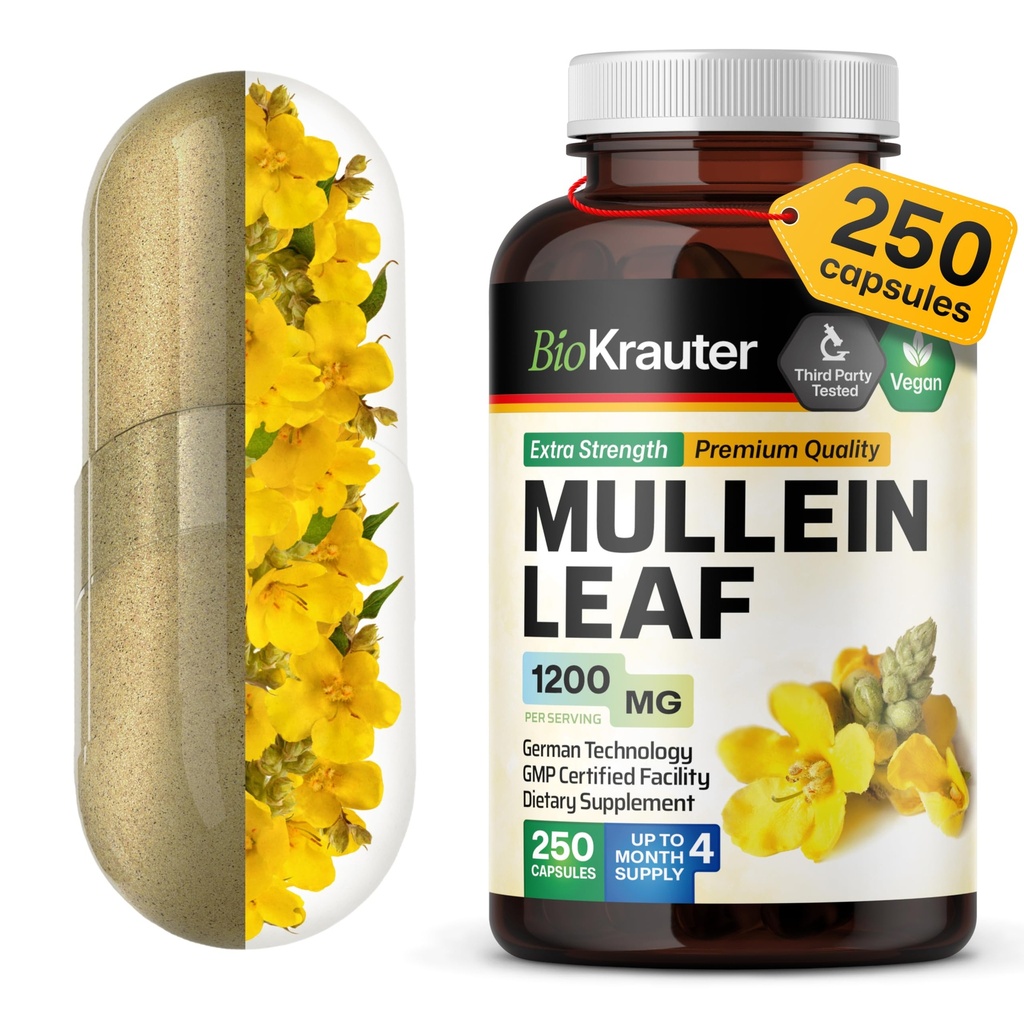 BIO KRAUTER Mullein Kapsule 1200 mg 250 Gróf - Pure Vegan Mullein Leaf Extract od Pľúca - 125 Dní dodávky - Pľúcna očista a podpora dýchania Doplnky - Žiadne výplne, Non-GMO
