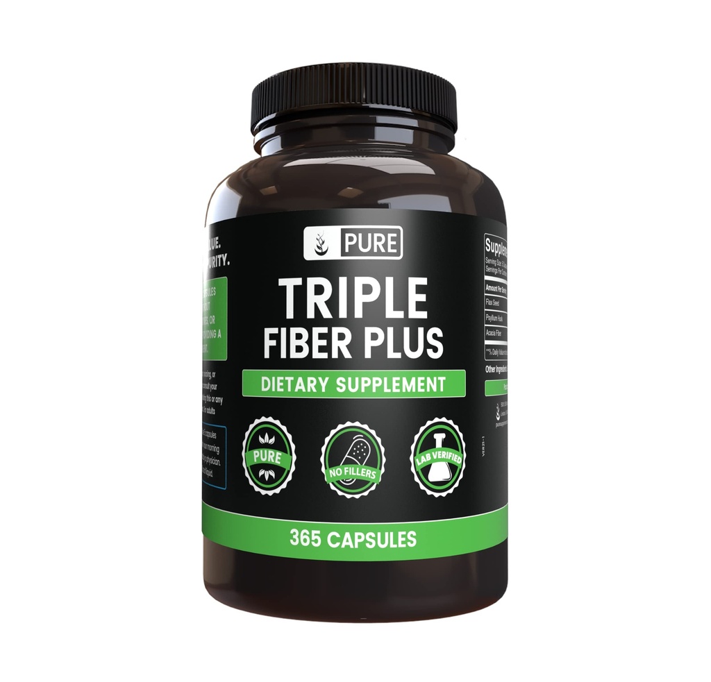 Pure Original Ingrediencie Triple Fiber (365 Kapsule) Žiadne horčík alebo ryžové výplne, Vždy čisté, Lab Overené