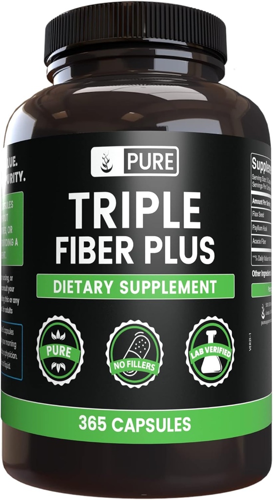Pure Original Ingrediencie Triple Fiber (365 Kapsule) Žiadne horčík alebo ryžové výplne, Vždy čisté, Lab Overené