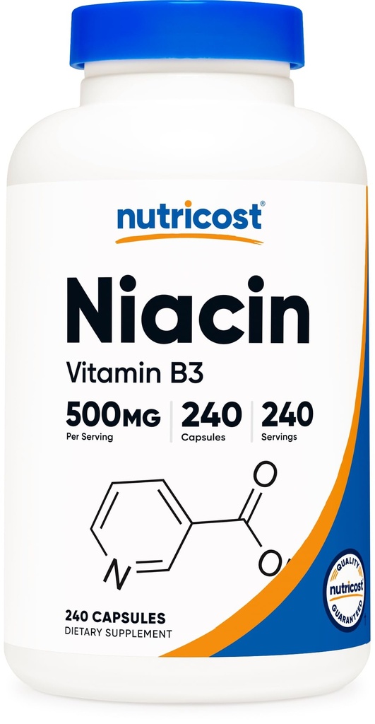 Nutricost Niacin (vitamín B3) 500 mg, 240 kapsúl - s Flushing, non- GMO, bez lepidla