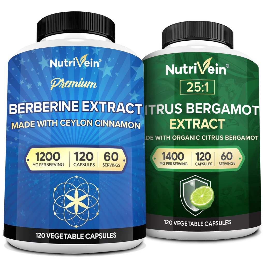 Nutrivein Premium Berberine 1200mg & Citrus Bergamot Extract 1400mg Bundle - Ceylon škorica & 25:1 Bergamia Extract - Manažment hmotnosti a imunitná podpora Plus Zdravie srdca - 120 Kapsule Každá