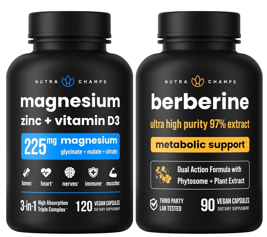 NutraChamps Kompletná kostná a metabolická podpora: Magnézium Zinok D3 a Berberine Duo