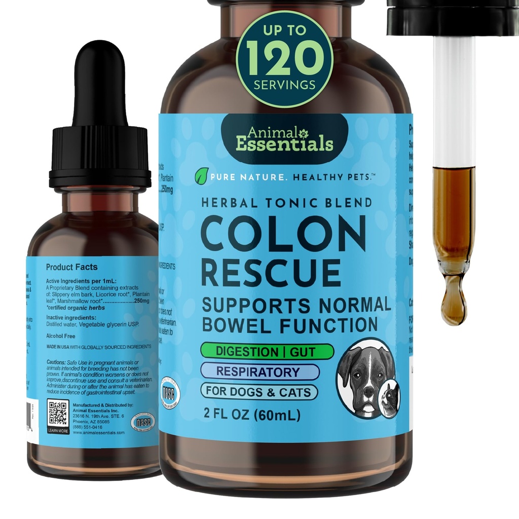 Animal Essentials Colon Rescue - Pes stool zmäkčovač, Organic Slippery Elm Bark, Fast Acting Anti Hnačka Tekuté kvapky pre psy a mačky, Prírodné Zápcha Relief Supplement pre domáce zvieratá - 2 fl oz