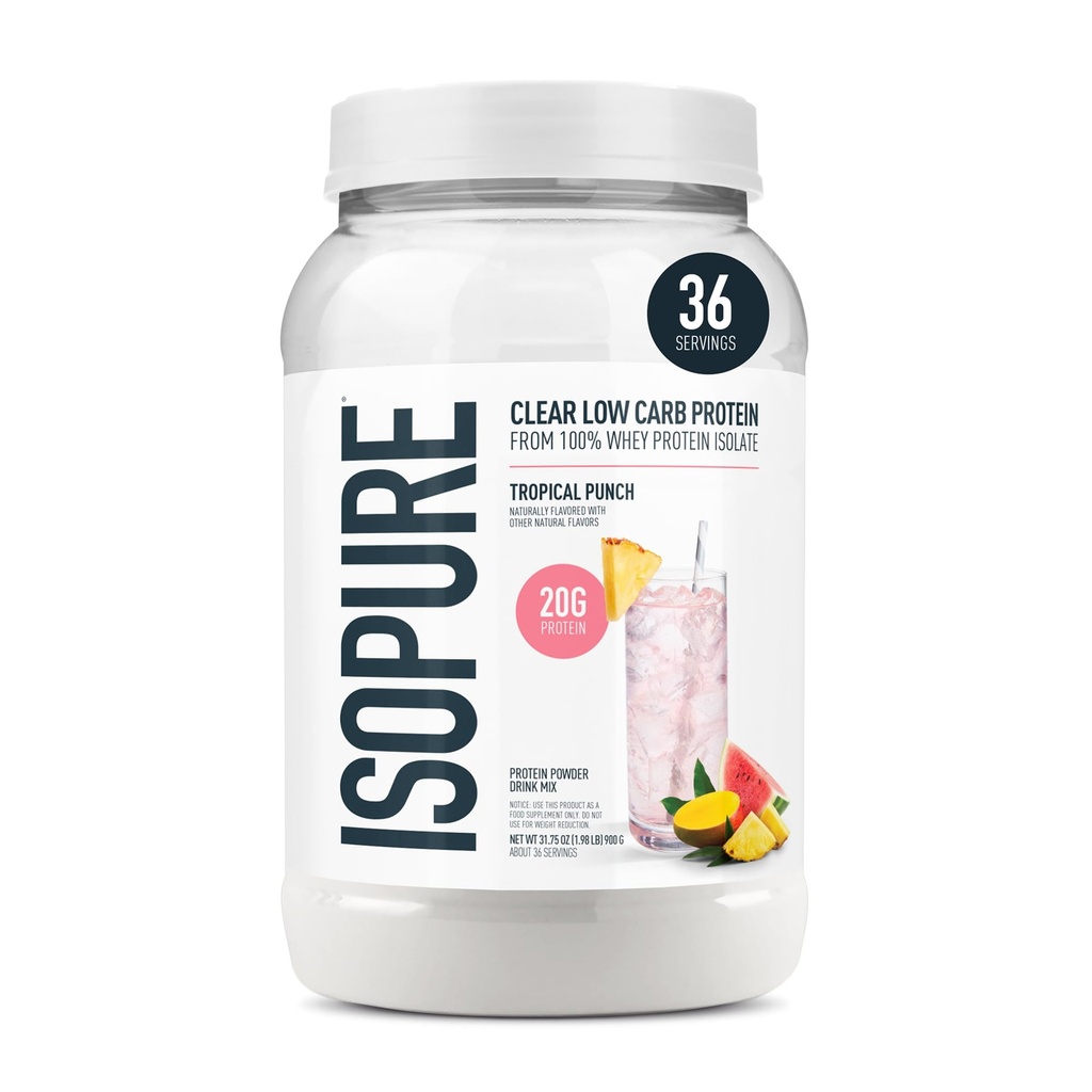 Isopure Clear Swhey Isolát Protein Powder, Lactose Free, Gluten Free, Prirodzene Ochutené, Tropical Punch, 20g Protein Per Serving, 1.9 Lbs, 36 Servings (Packaging May Vary)