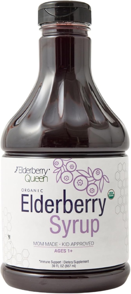 Brusnicová kráľovná Organic Elderberry Sirup 30 Fl Oz - Immune Support Formula s Sambucus Black Elderberry a Aronia Berry - Pure Natural Certified Organic Elderberry Sirup pre deti a dospelých